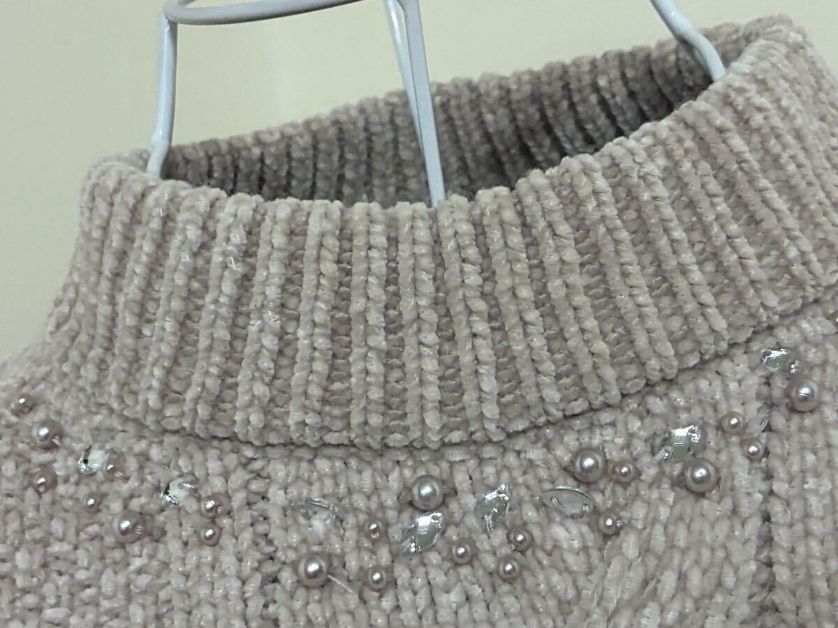 アクシーズファム☆フェイクパール.ビジュー飾りケーブル編みモール調ハイネックニット、セーター、トップス☆used _画像3