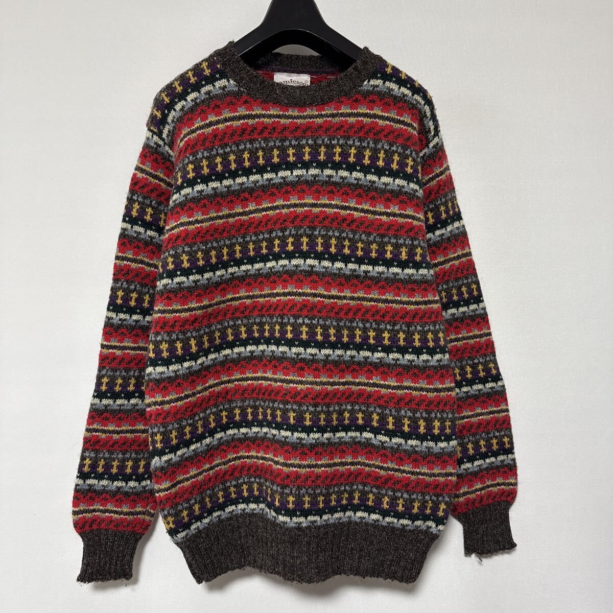 美品 スコットランド 製 ジャミーソンズ フェアアイル 柄 ウール ニット セーター L JAMIESONS wool sweater 英国 イギリス_画像1