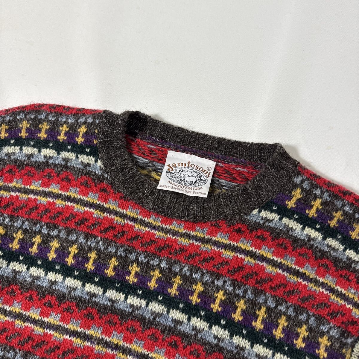 美品 スコットランド 製 ジャミーソンズ フェアアイル 柄 ウール ニット セーター L JAMIESONS wool sweater 英国 イギリス_画像4
