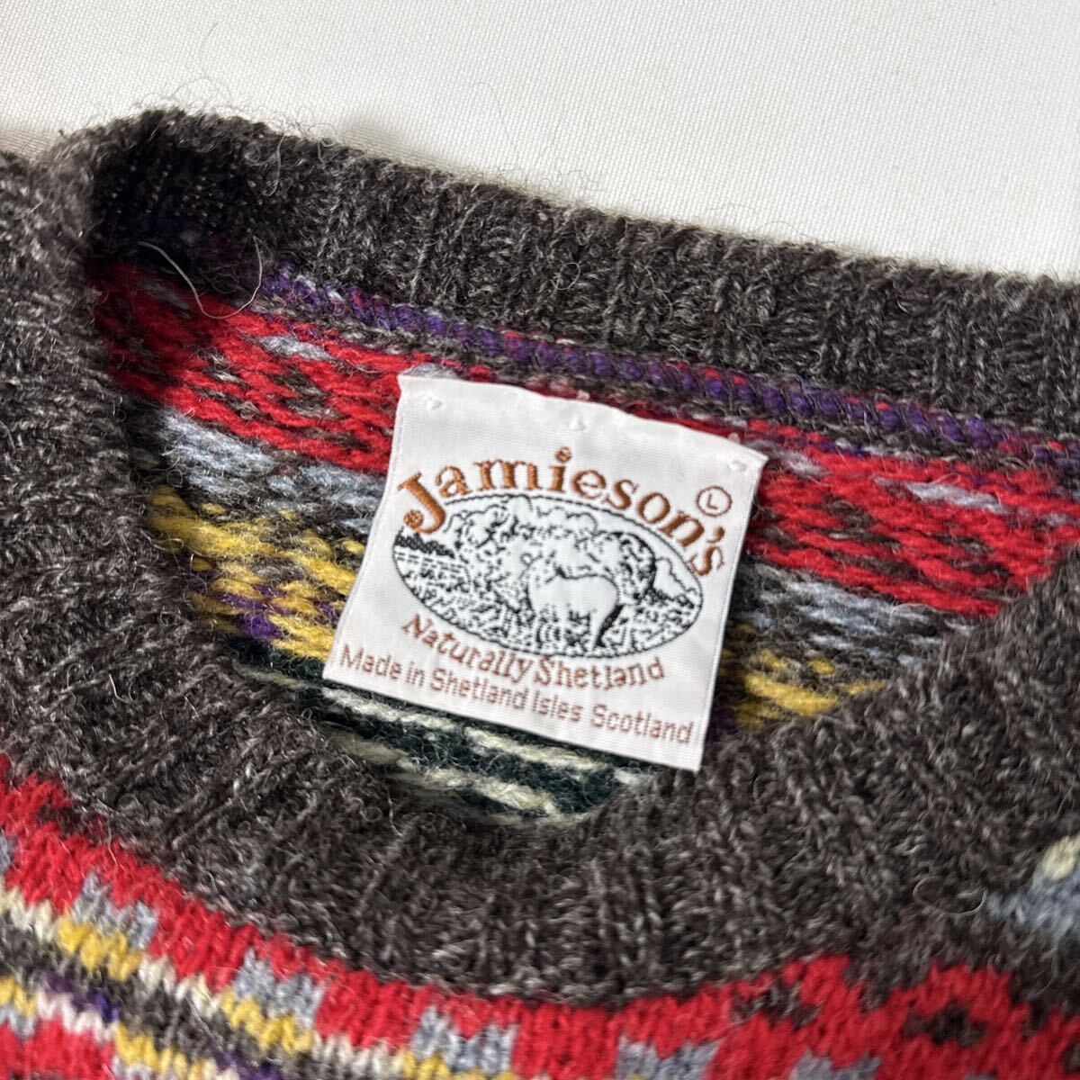 美品 スコットランド 製 ジャミーソンズ フェアアイル 柄 ウール ニット セーター L JAMIESONS wool sweater 英国 イギリス_画像5