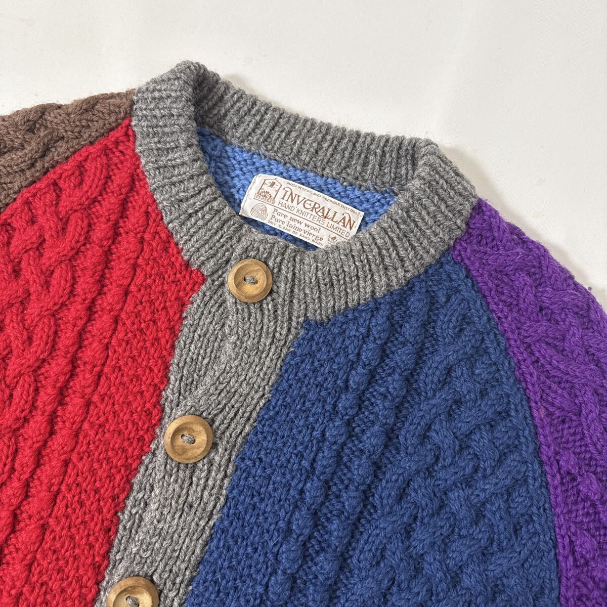 美品 スコットランド 製 INVERALLAN 4A ウール ニット カーディガン インバーアラン ケーブル編み クレイジー パターン_画像4