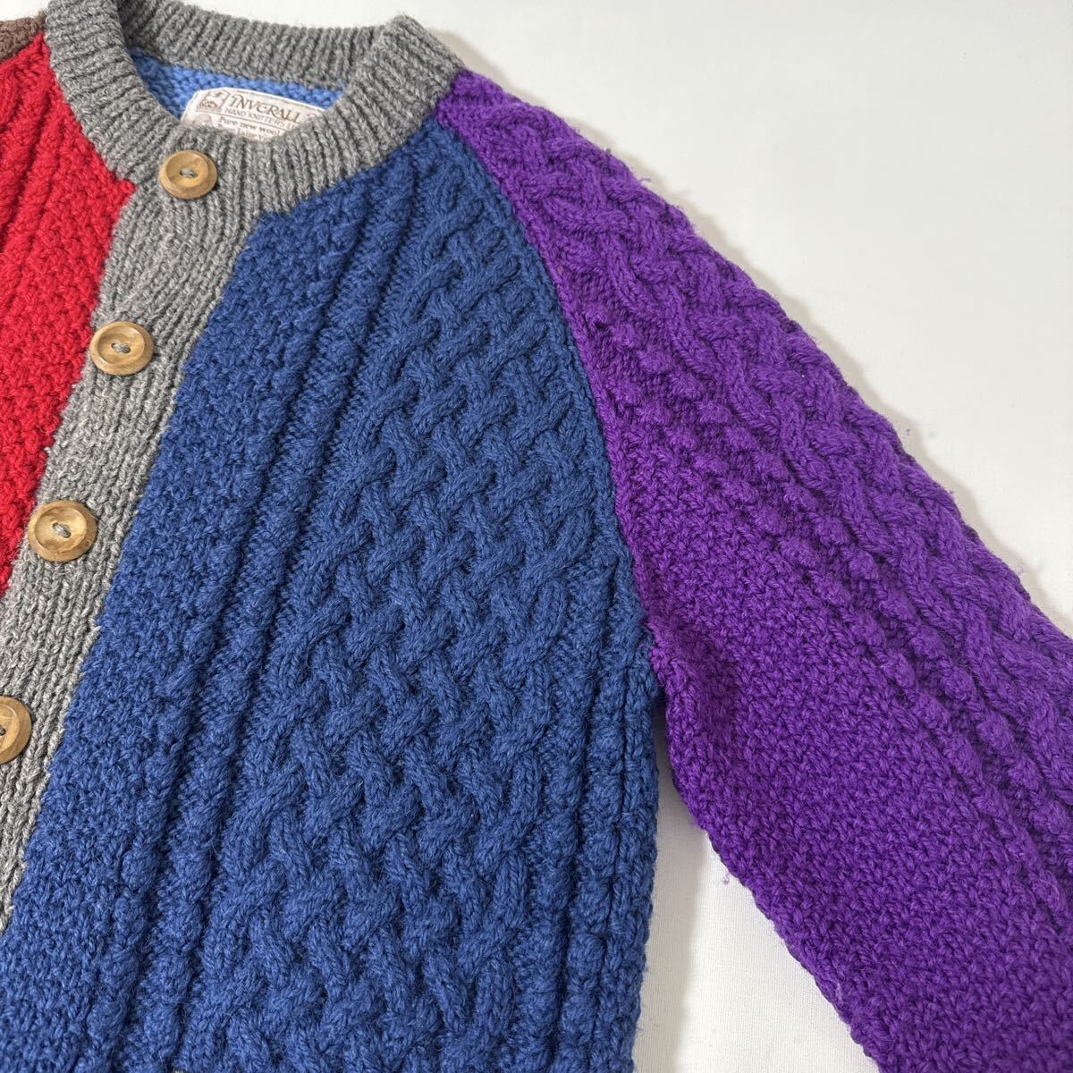 美品 スコットランド 製 INVERALLAN 4A ウール ニット カーディガン インバーアラン ケーブル編み クレイジー パターン_画像6