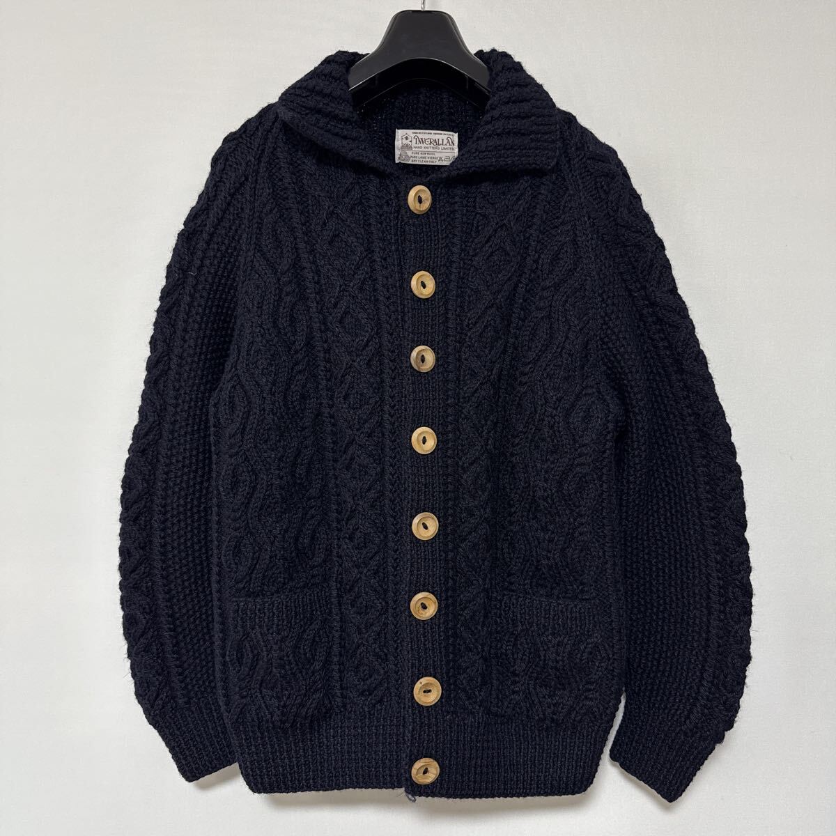 美品 スコットランド 製 INVERALLAN 3A ニット カーディガン ウール インバーアラン ネイビー ケーブル フィッシャーマン 紺 英国 茶_画像1