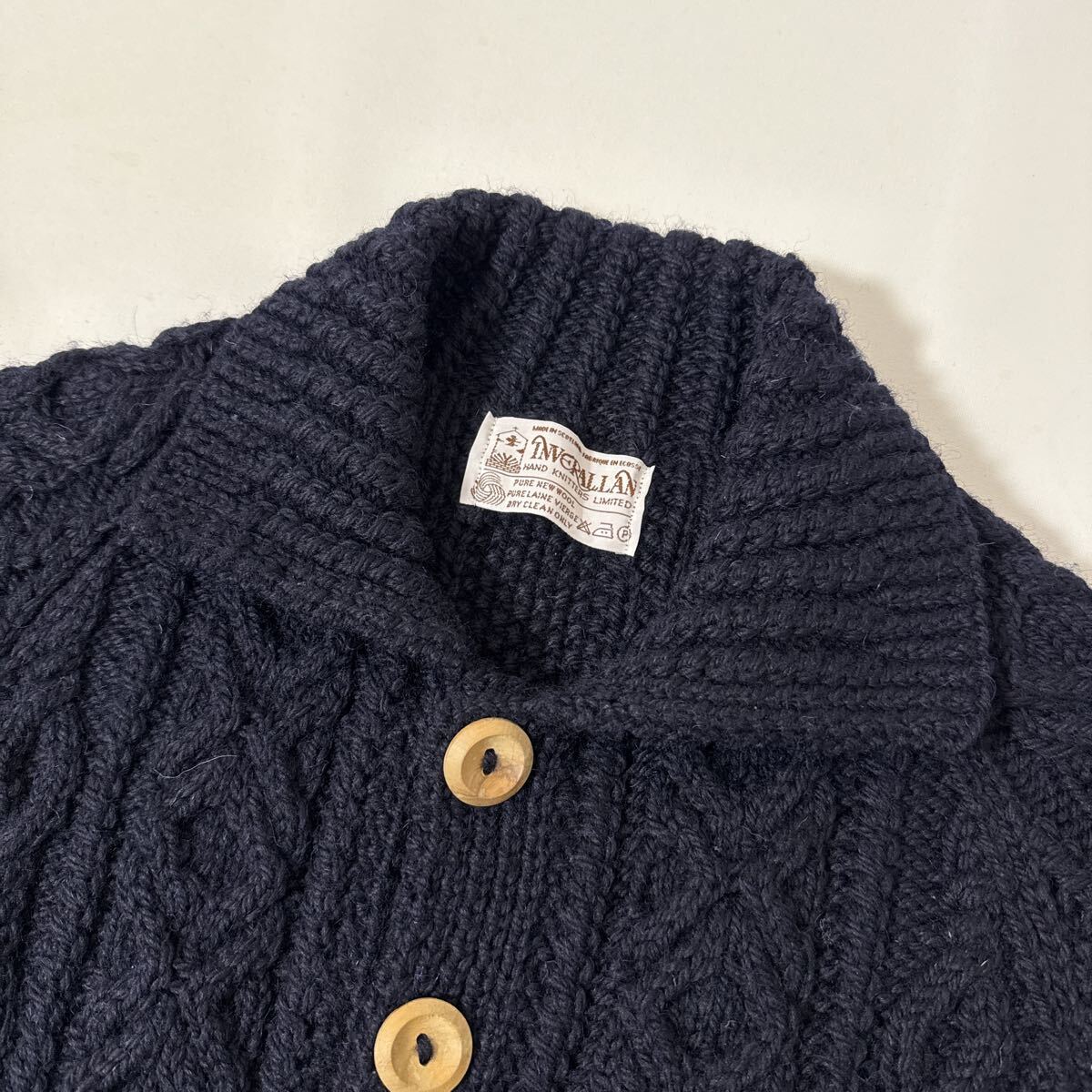 美品 スコットランド 製 INVERALLAN 3A ニット カーディガン ウール インバーアラン ネイビー ケーブル フィッシャーマン 紺 英国 茶_画像4