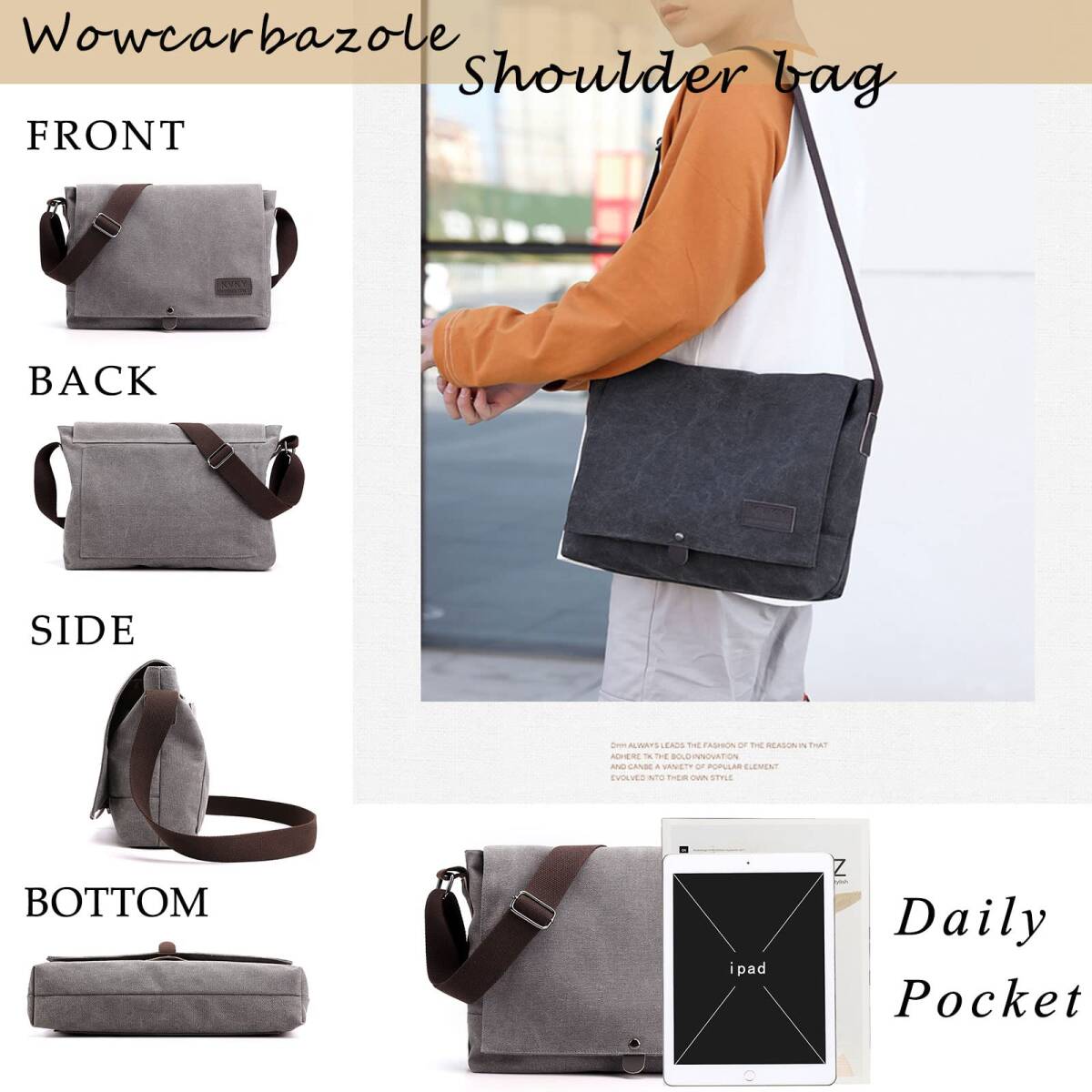 キャンバス 斜めがけ 肩掛け バッグ メンズ メッセンジャーバッグ カジュアル ショルダーバッグ a4 [Wowcarbazole_画像7