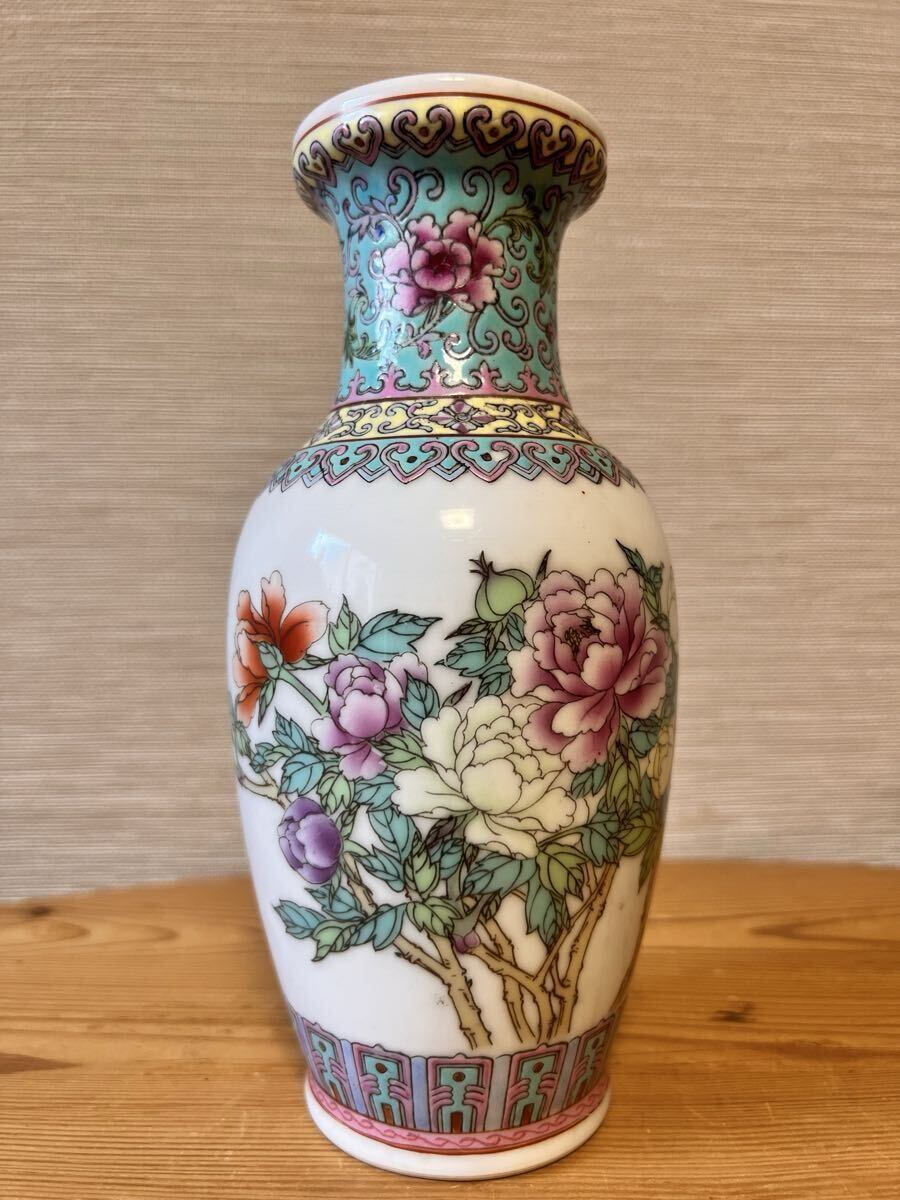 【中国景徳鎮製 花瓶】 中国美術 中国景徳鎮製 在銘 粉彩花文詩歌文花瓶 唐物 磁器 飾瓶 時代物 置物_画像2