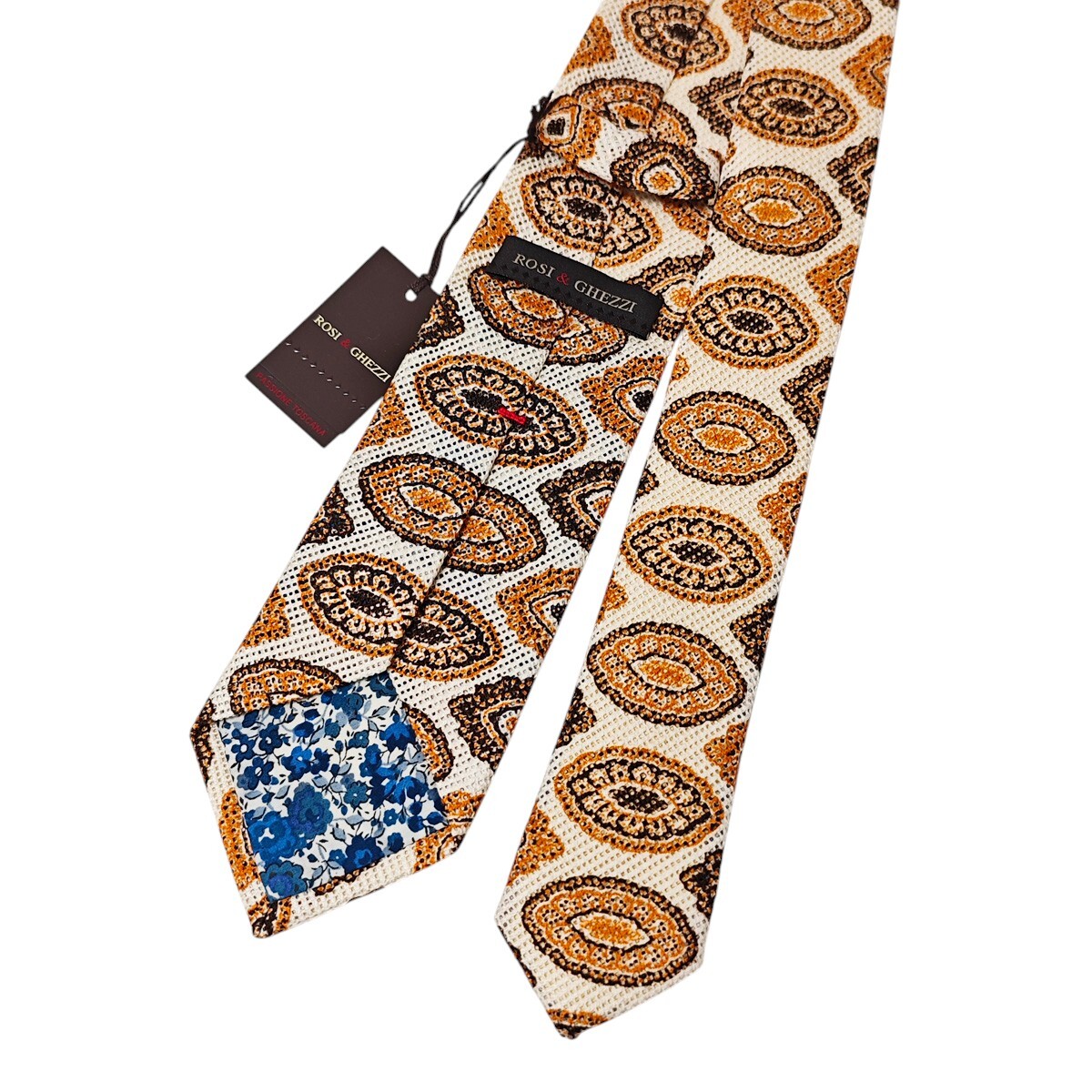 ★1円~【新品/DR1661N】◆ロジ&ゲッツィ ROSI&GHEZZI◆イタリア製 コットン100% ネクタイ 大紋様柄 ホワイト×オレンジ系◎_画像3