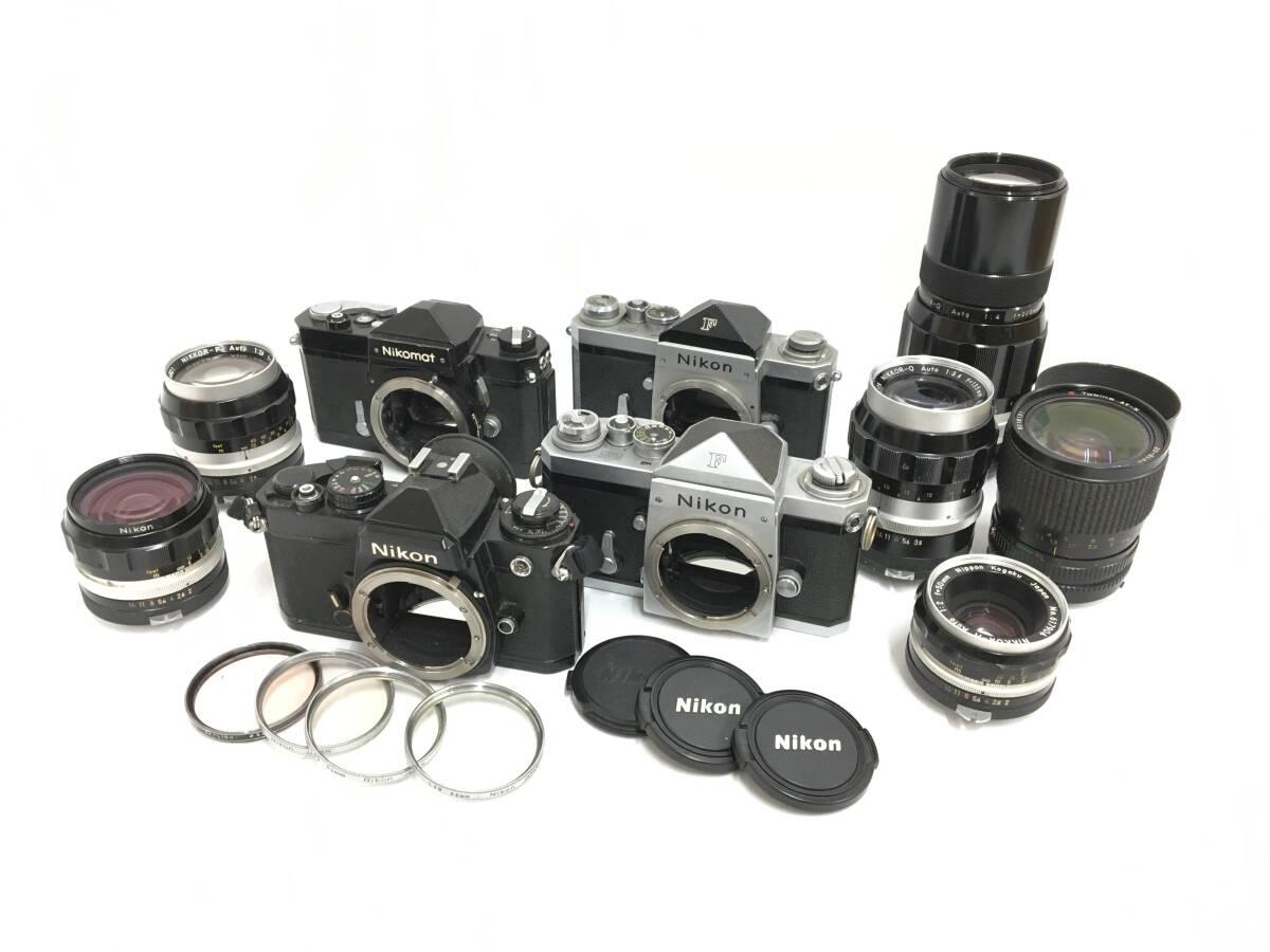 ☆ Nikon フィルム一眼カメラ まとめ 2 ☆ F ×2 + FE + Nikomat FTN + P Auto 1:2.5 f=10.5cm + O.C 1:2 f=35mm 他 レンズ4本 ニコン_画像1