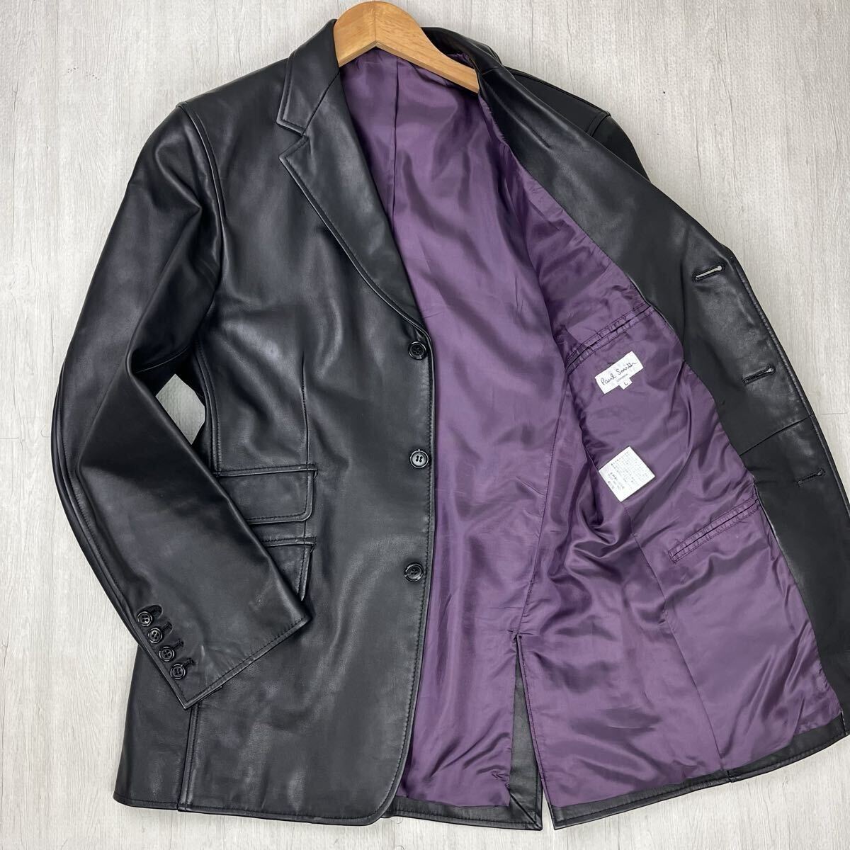 未使用級 希少L Paul Smith ポールスミス レザージャケット テーラードジャケット 牛革 カウレザー 本革 黒 ブラック 裏地 紫 パープル L位_画像1