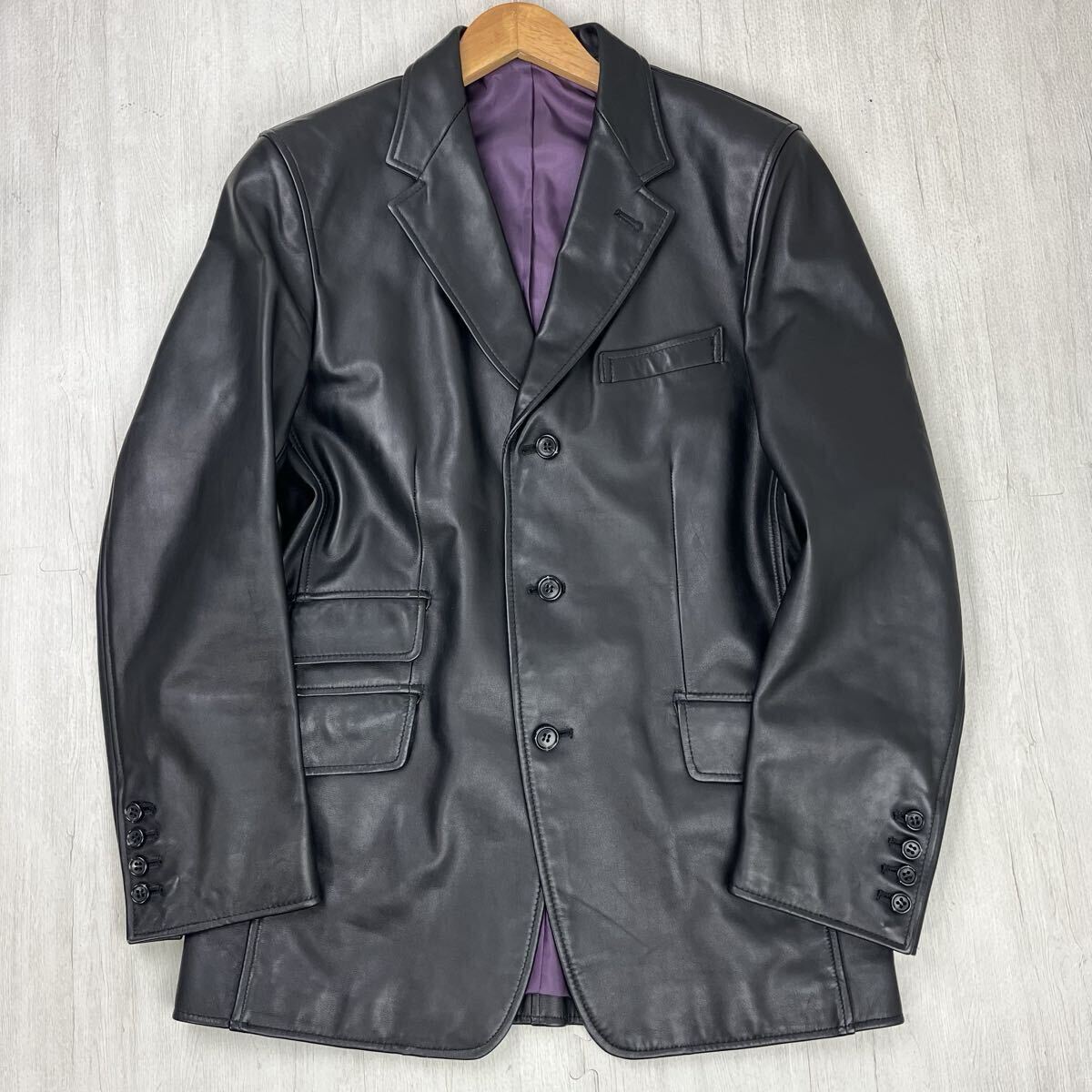 未使用級 希少L Paul Smith ポールスミス レザージャケット テーラードジャケット 牛革 カウレザー 本革 黒 ブラック 裏地 紫 パープル L位_画像2