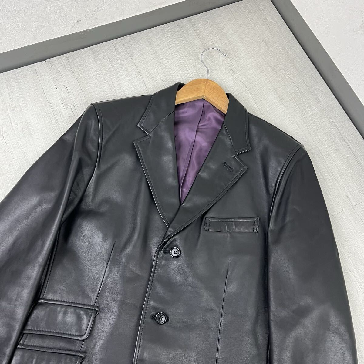 未使用級 希少L Paul Smith ポールスミス レザージャケット テーラードジャケット 牛革 カウレザー 本革 黒 ブラック 裏地 紫 パープル L位_画像5