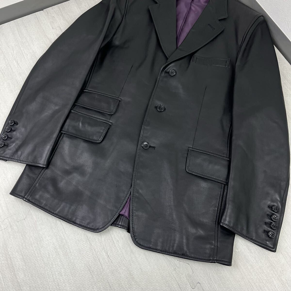 未使用級 希少L Paul Smith ポールスミス レザージャケット テーラードジャケット 牛革 カウレザー 本革 黒 ブラック 裏地 紫 パープル L位_画像6