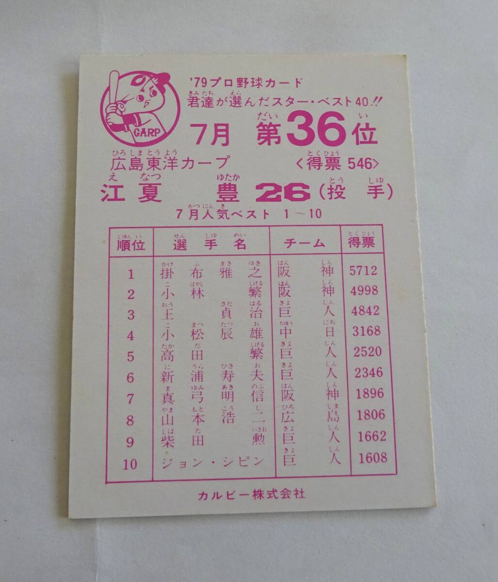 ★ 1979年 カルビー プロ野球カード ベスト40 7月 第36位 広島東洋カープ 江夏豊 ★郵便110円_画像2