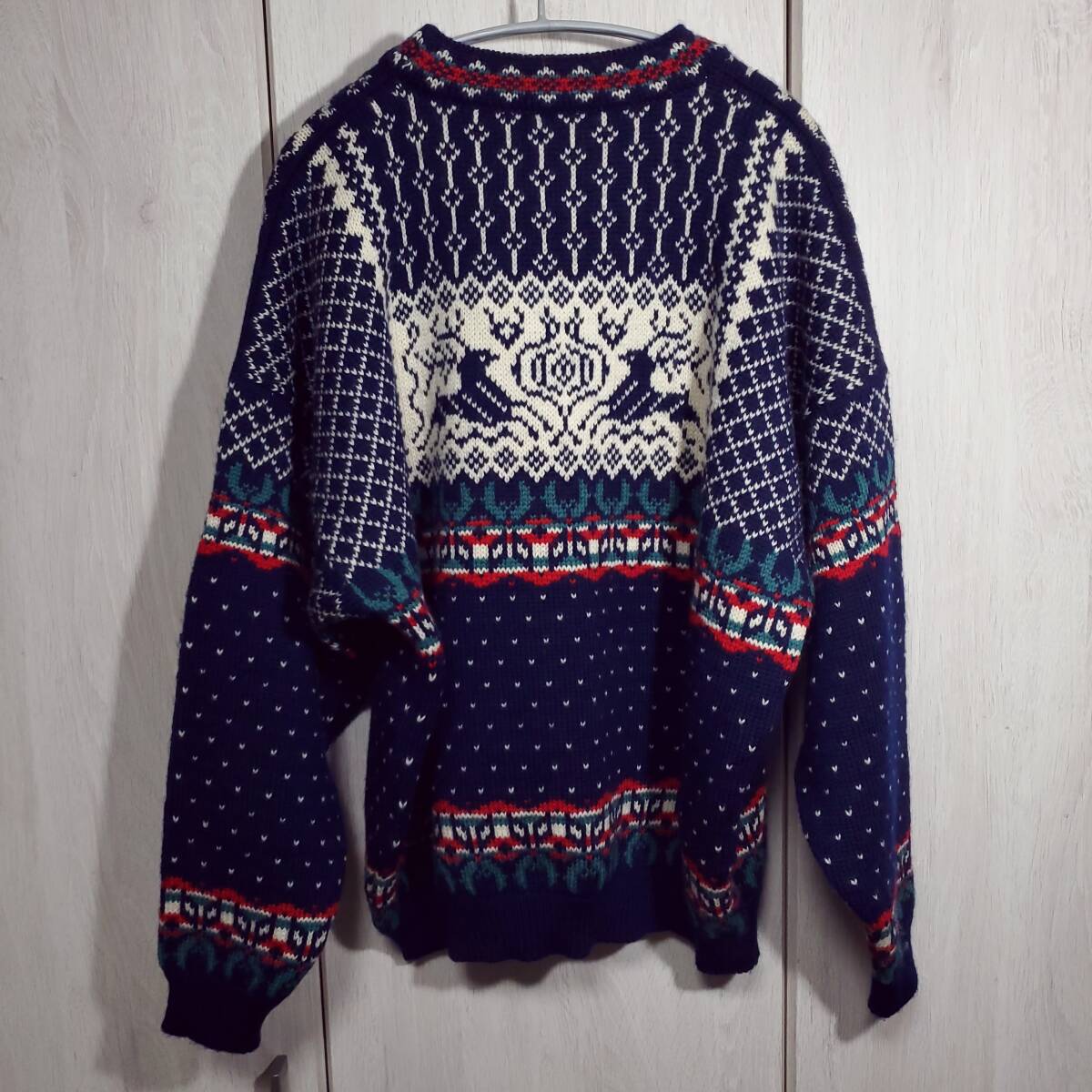 希少 ノルウェー製 90s ランズエンド ウールセーター ノルディック バーズアイ 厚手 ローゲージ 肉厚_画像2
