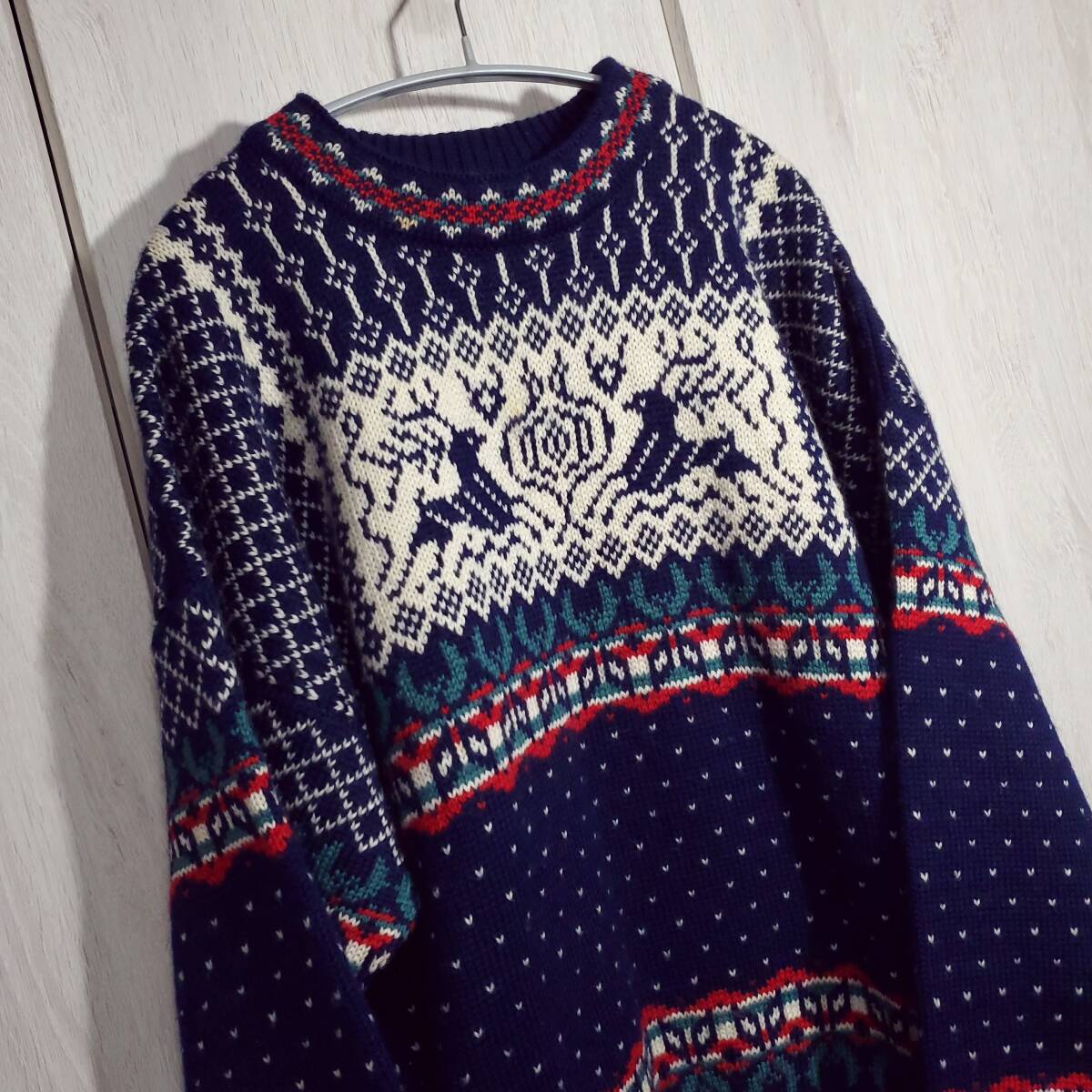 希少 ノルウェー製 90s ランズエンド ウールセーター ノルディック バーズアイ 厚手 ローゲージ 肉厚_画像8
