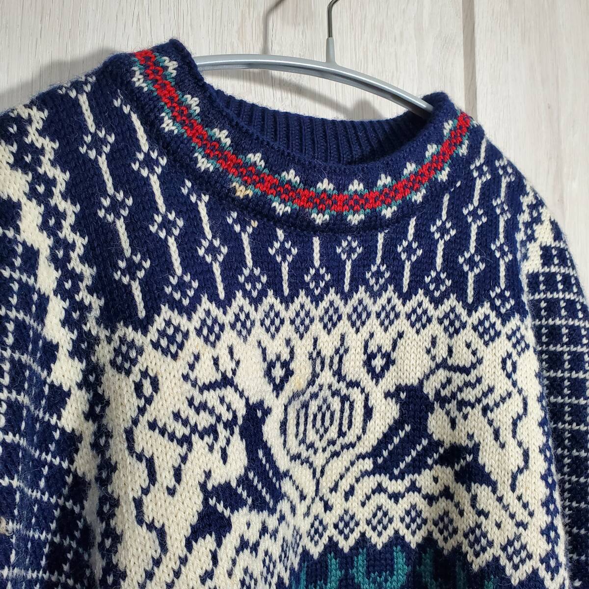 希少 ノルウェー製 90s ランズエンド ウールセーター ノルディック バーズアイ 厚手 ローゲージ 肉厚_画像4
