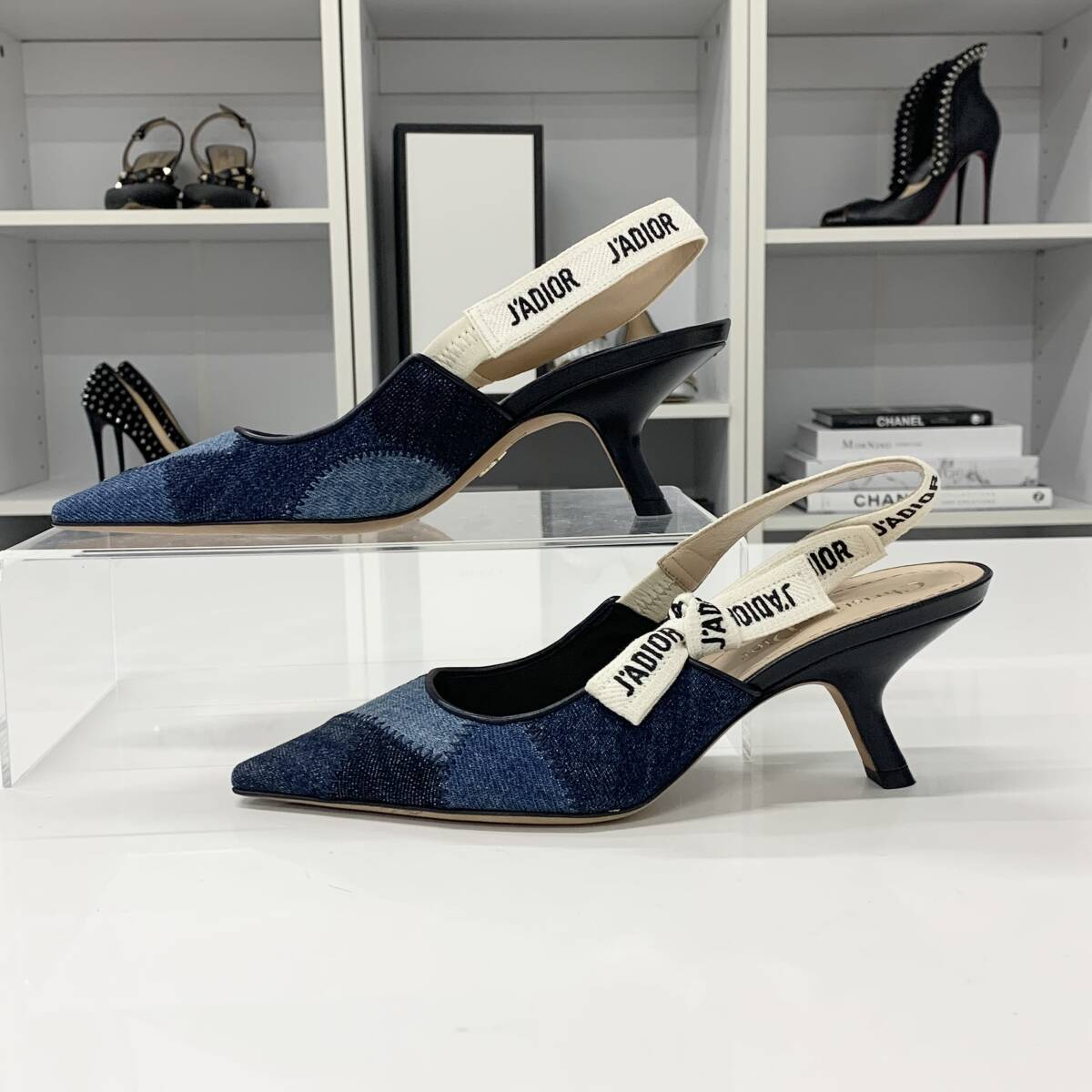 M13356 クリスチャンディオール J'ADIOR デニム パッチワーク スリングバック パンプス ブルー_画像2