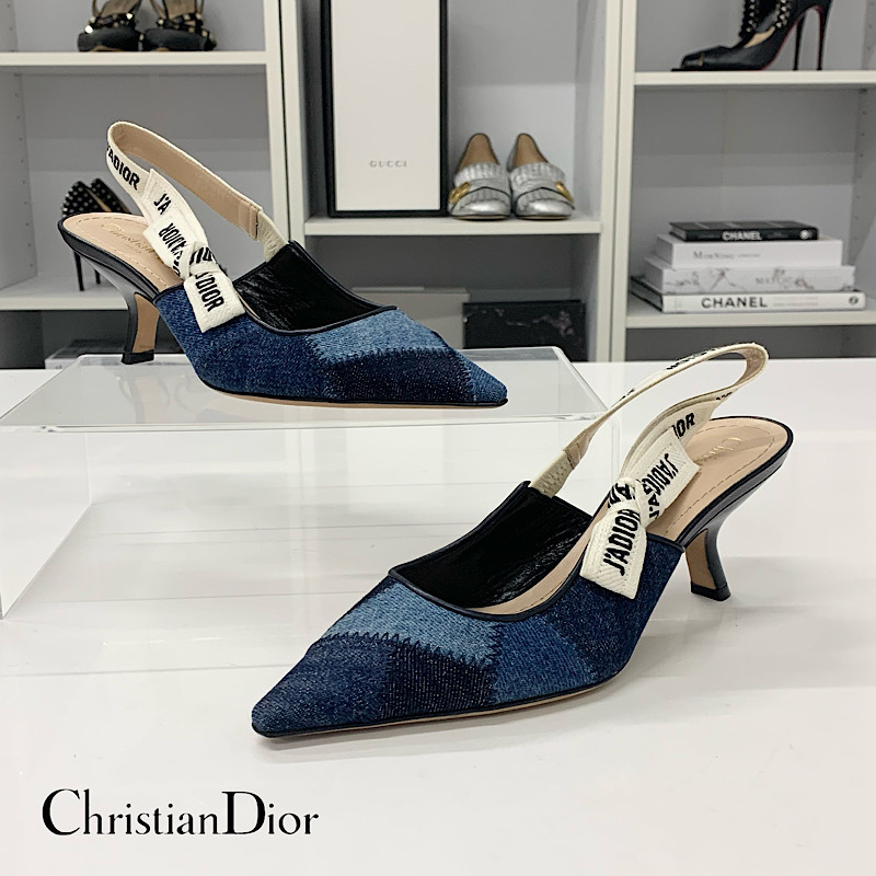 M13356 クリスチャンディオール J'ADIOR デニム パッチワーク スリングバック パンプス ブルー_画像1