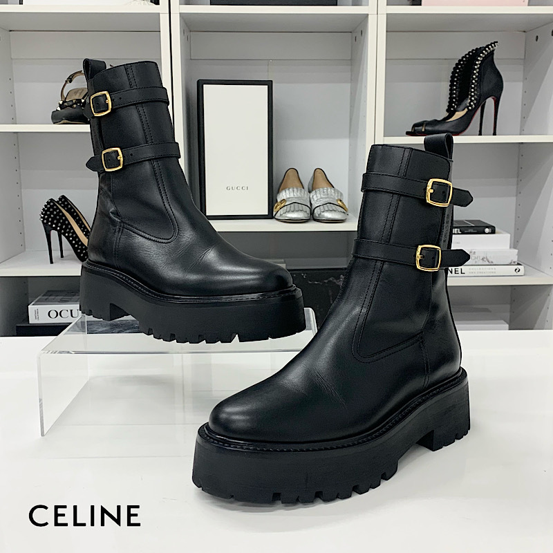 M13264 セリーヌ レザー バルキーバックル ロゴ ショートブーツ ブラック_画像1