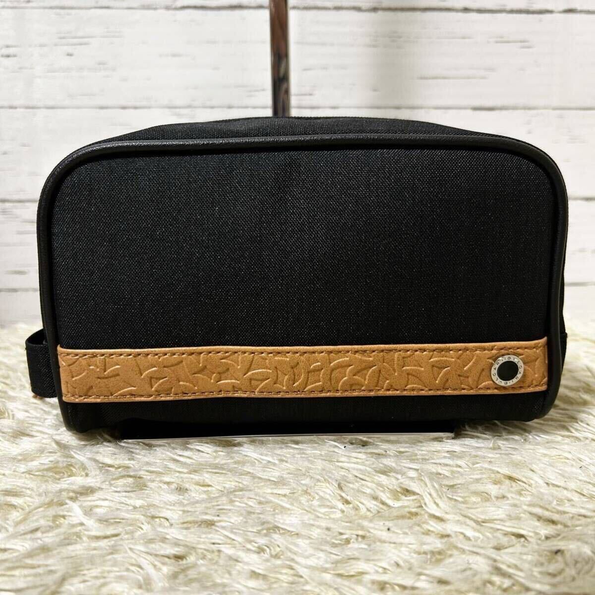 [ новый товар не использовался ]1 иен BVLGARY BVLGARI ручная сумочка сцепление Circle Logo кожа парусина работа ходить на работу бизнес модный высококлассный черный 