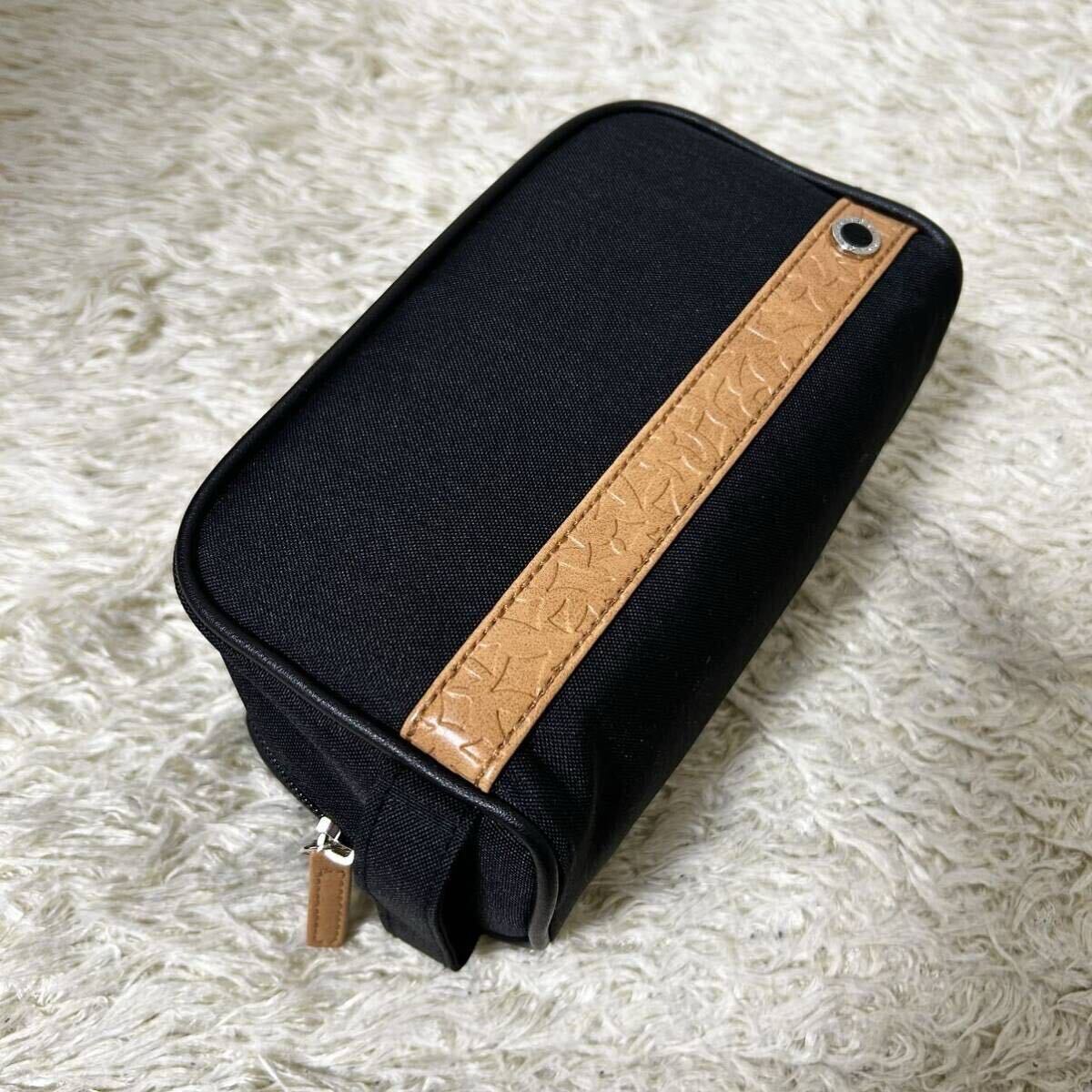 [ новый товар не использовался ]1 иен BVLGARY BVLGARI ручная сумочка сцепление Circle Logo кожа парусина работа ходить на работу бизнес модный высококлассный черный 