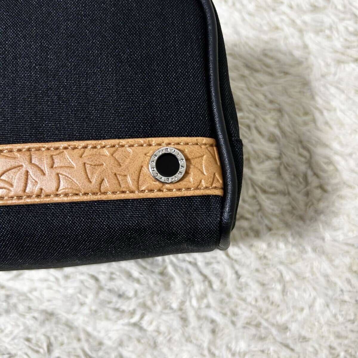 [ новый товар не использовался ]1 иен BVLGARY BVLGARI ручная сумочка сцепление Circle Logo кожа парусина работа ходить на работу бизнес модный высококлассный черный 