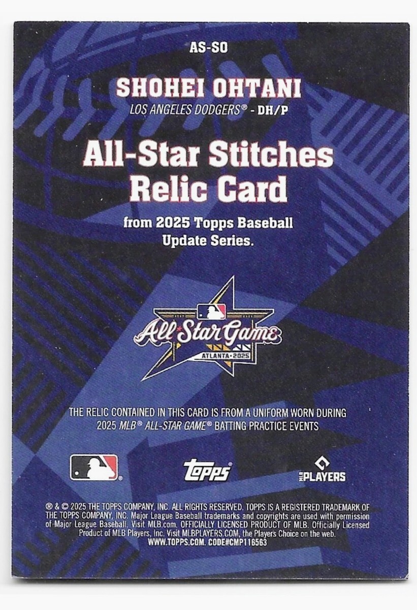 レア 2025 大谷翔平 Topps All-Star Stitches 実使用ジャージ オールスター レリック GAME USED RELIC Patch Dodgers Ohtani 山本由伸_画像2