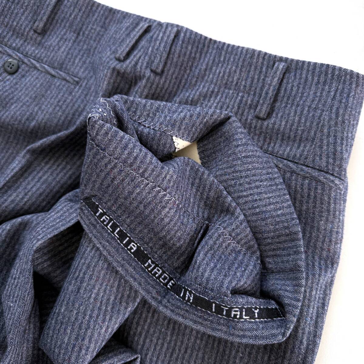 70s Vintage 重厚 イタリア製生地 ウールフランネル ストライプ 1タック ワイドフレア バギー ネイビー Euro Japan Vintage Bespoke Opti_画像7