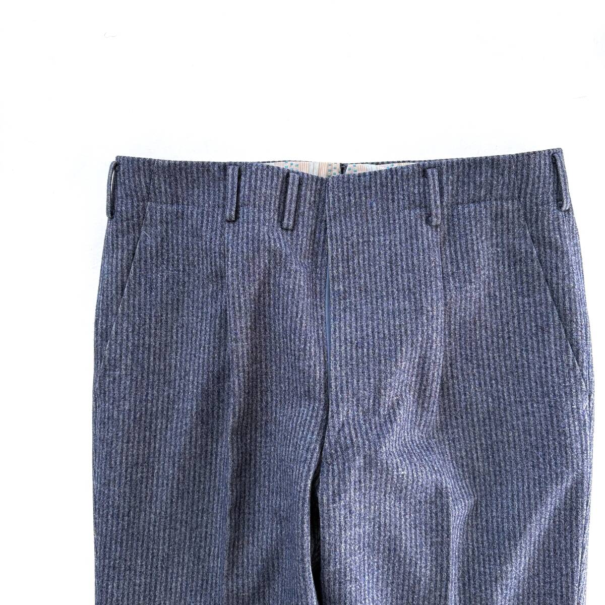 70s Vintage 重厚 イタリア製生地 ウールフランネル ストライプ 1タック ワイドフレア バギー ネイビー Euro Japan Vintage Bespoke Opti_画像9