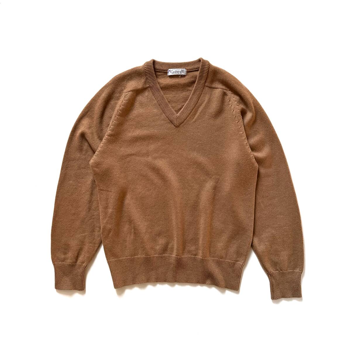 SPECIAL 80s90s 藤井毛織 頂点 カシミヤ100% 日本製 ビキューナブラウン 肉厚◎ Vネックニット M バブル期最高峰 Loro Piana Vintage Mens_画像1