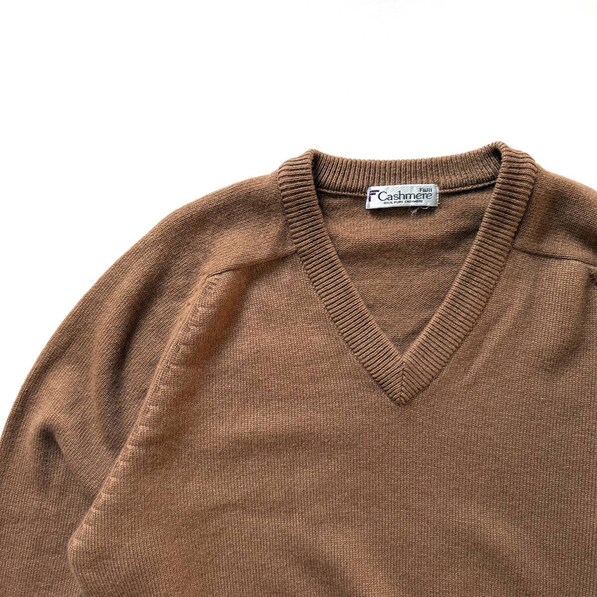 SPECIAL 80s90s 藤井毛織 頂点 カシミヤ100% 日本製 ビキューナブラウン 肉厚◎ Vネックニット M バブル期最高峰 Loro Piana Vintage Mens_画像7