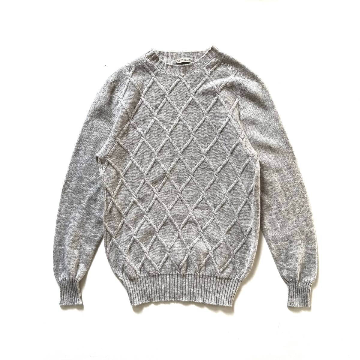 希少美品 Glenmatch カシミヤ100% スコットランド製 ミドルゲージ 肉厚 クルーネックニット ケーブル◎ 丸首 メランジ グレー England UK_画像7