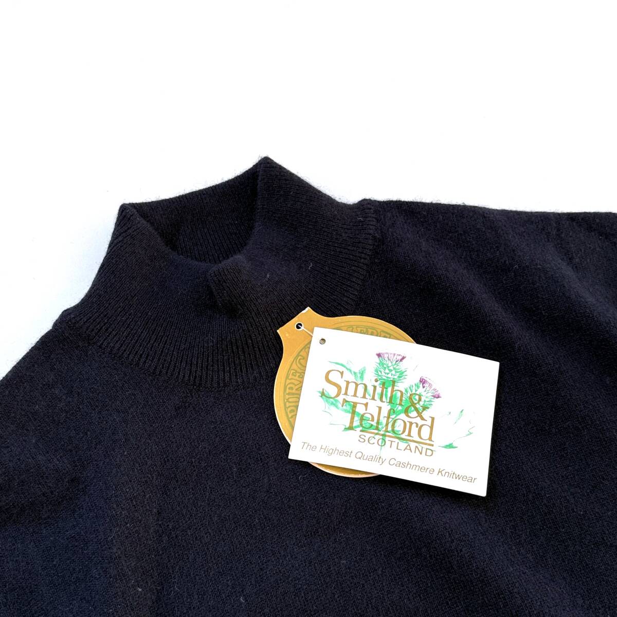 デッドストック Smith&Tellford カシミヤ100% スコットランド製 肉厚 モックネックニット ダークネイビー UK40 ハイネック Vintage 80s90s_画像8