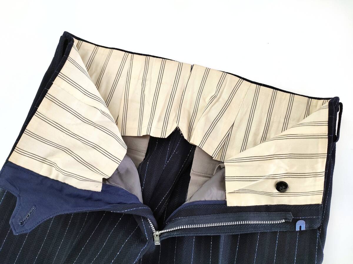 希少美品 60s70s Dormeuil 英国製生地 ビスポーク ウール100% ストライプ ノータック フレア ネイビー Linen Japan Euro Vintage_画像4