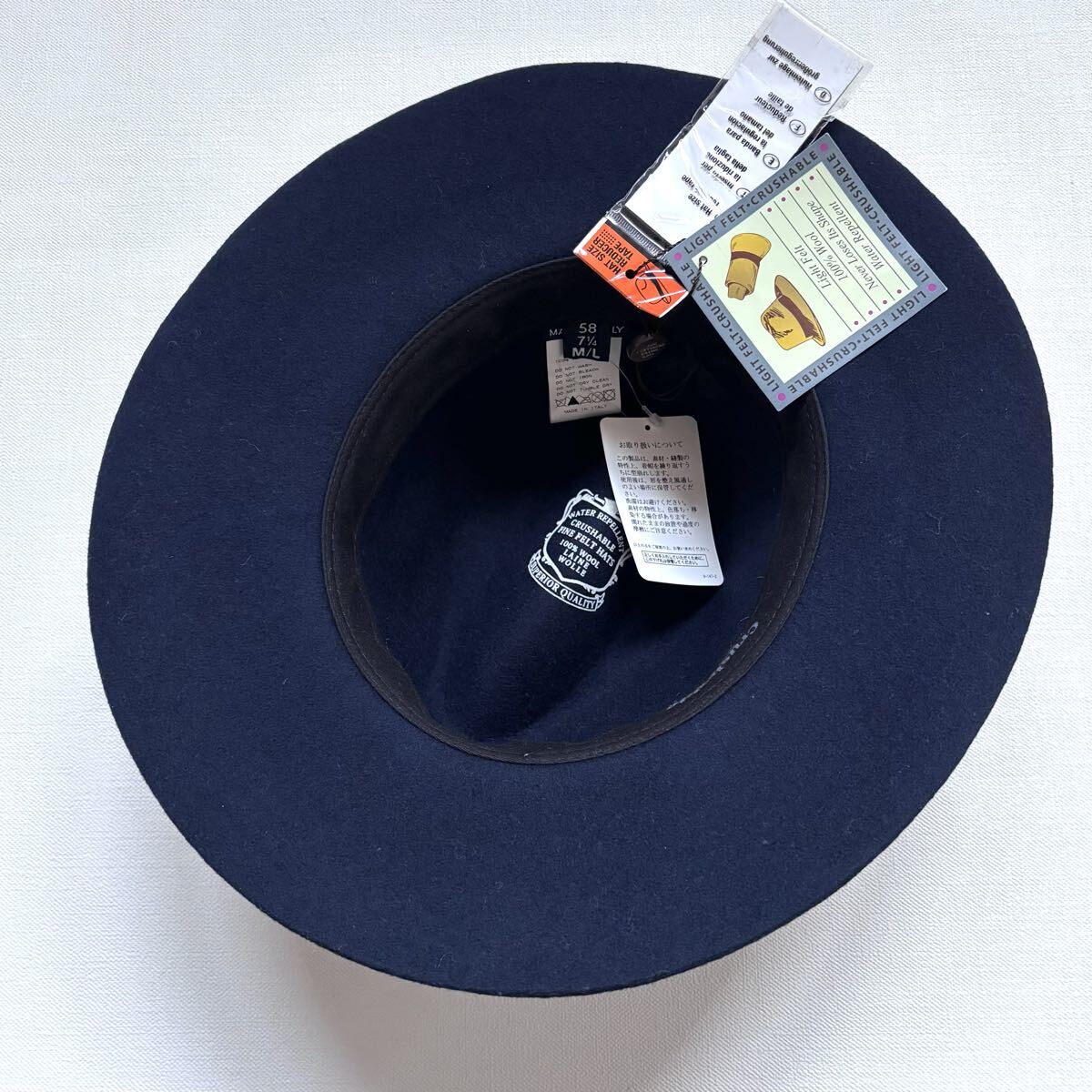 新品 イタリア製 撥水加工 クラッシャブル ウール フェルト ハット 中折れ つば広 58㎝ ネイビー メンズ レディース ユニセックス 送料無料_画像4
