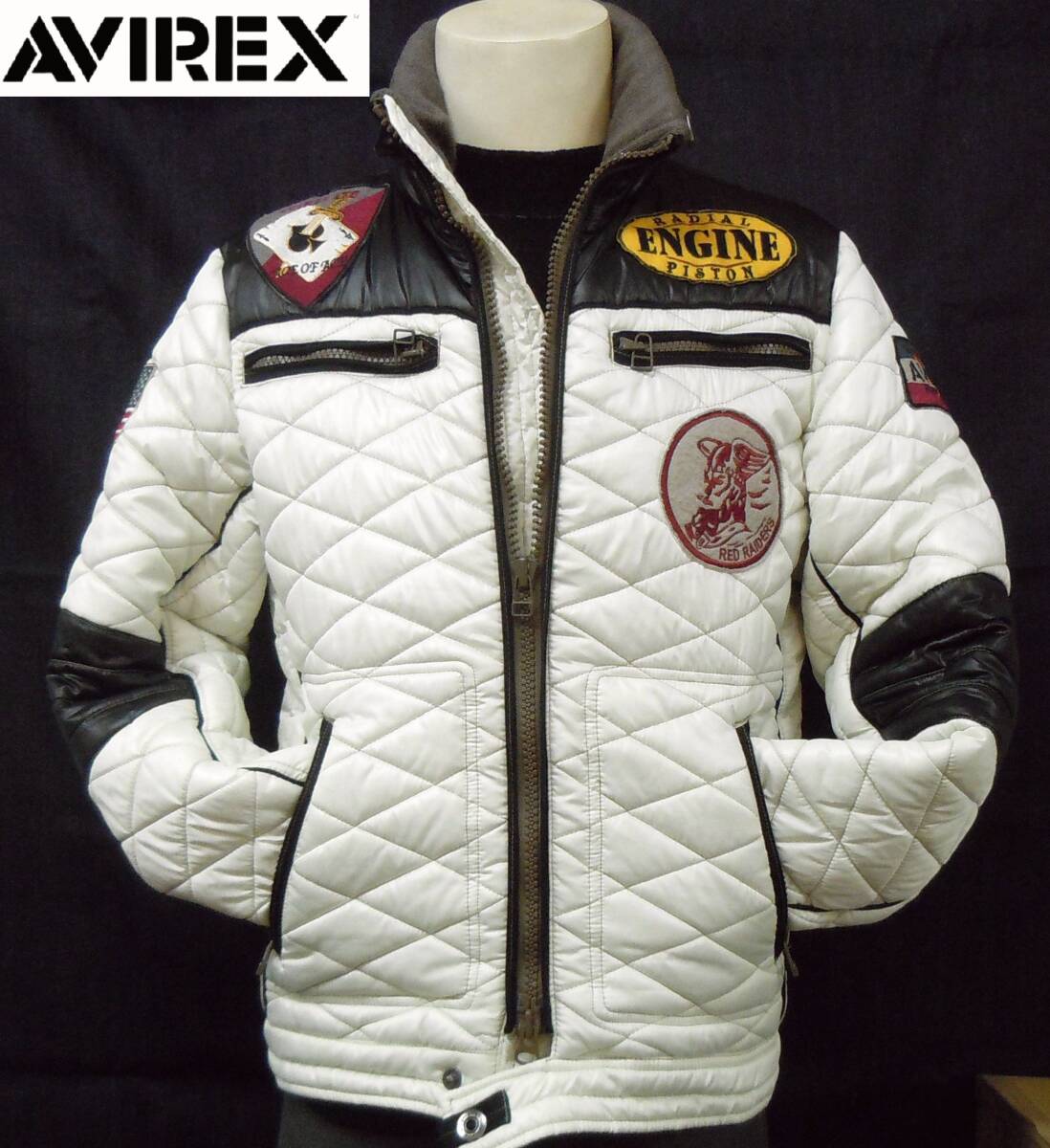 ★防寒性抜群 美品 AVIREX アヴィレックス キルティング ワッペン付き中綿ジャケット メンズ ホワイト メンズL★_画像1
