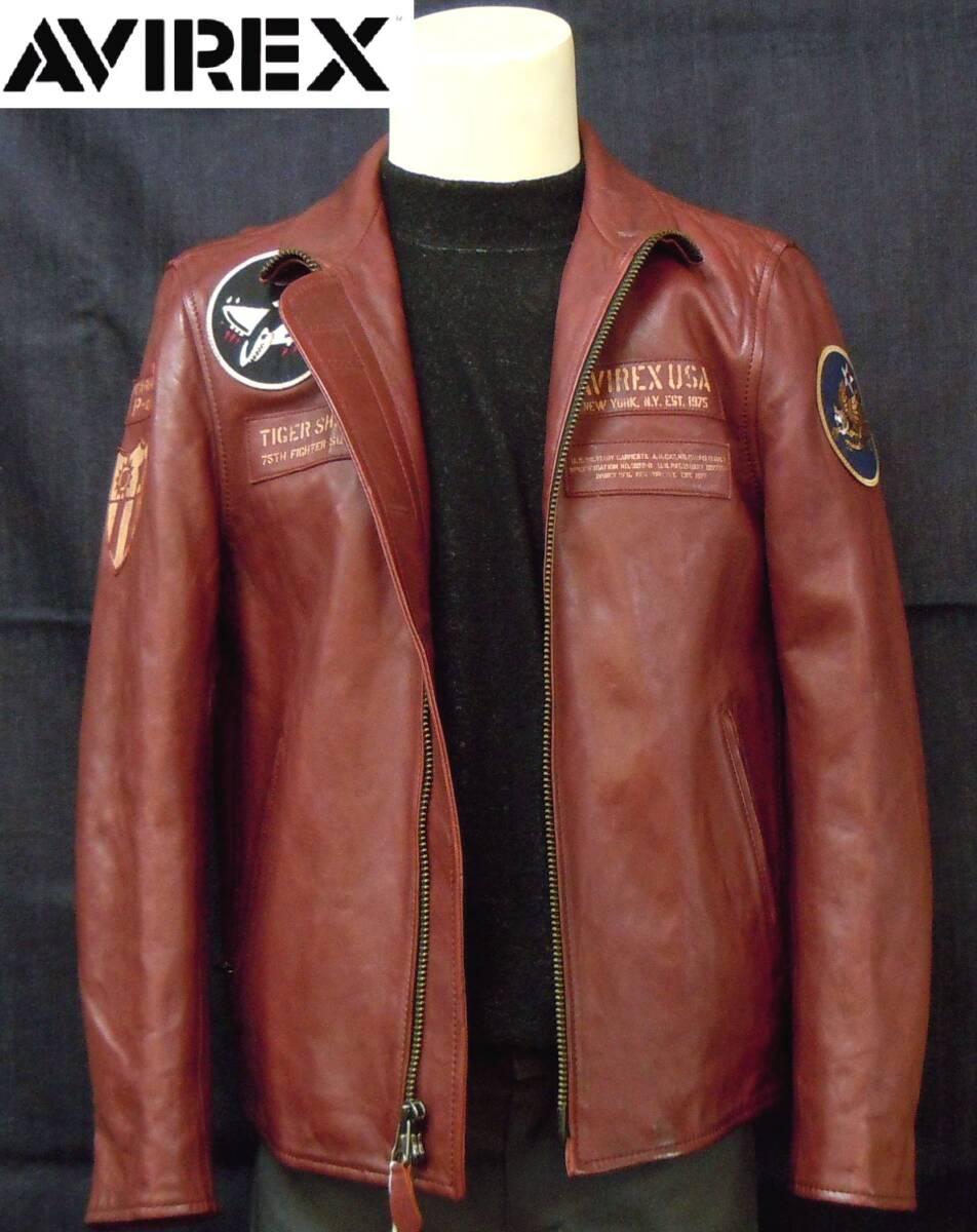 ★直営店限定品 定価約9万円 AVIREX アヴィレックス 羊革 エイジド ワッペン ライダースジャケット バーガンディー メンズL★_画像1