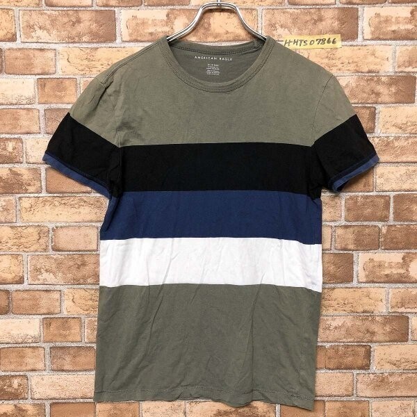 AMERICAN EAGLE アメリカンイーグル メンズ 配色切替 半袖Tシャツ カーキ × 黒 × 紺 × 白 XS_画像1