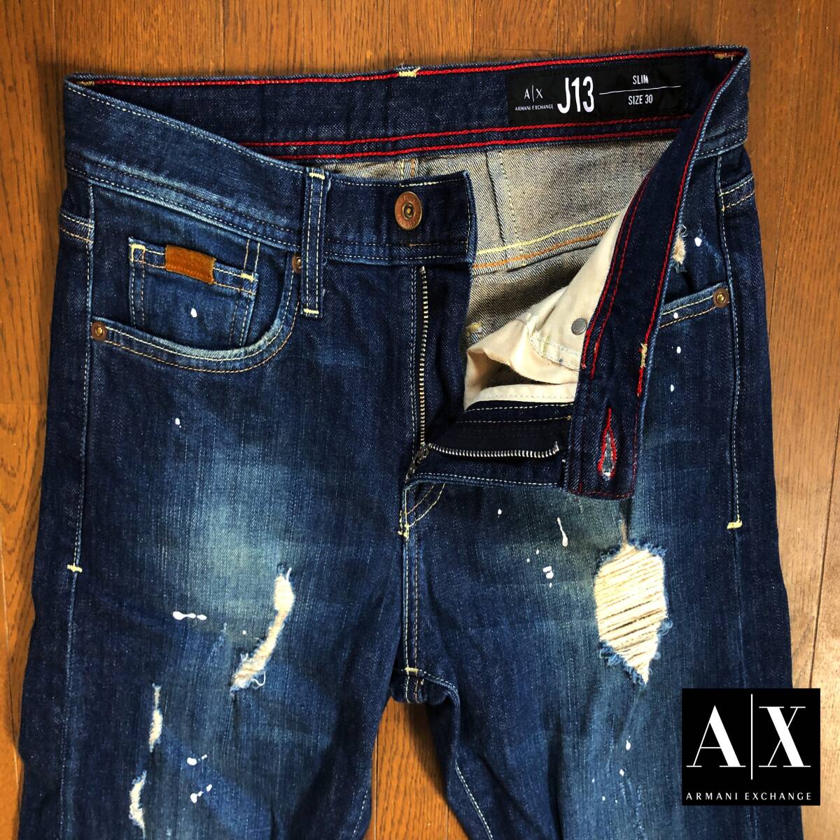 ●W80 高級スリム ARMANI EXCHANGE アルマーニ エクスチェンジ 濃紺 ダメージ デニムパンツ 即決 即納 エンポリオ EA7 ジョルジオ●1682_画像1