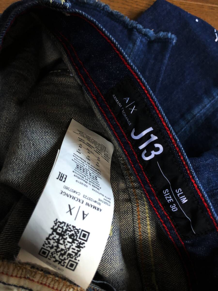 ●W80 高級スリム ARMANI EXCHANGE アルマーニ エクスチェンジ 濃紺 ダメージ デニムパンツ 即決 即納 エンポリオ EA7 ジョルジオ●1682_画像9