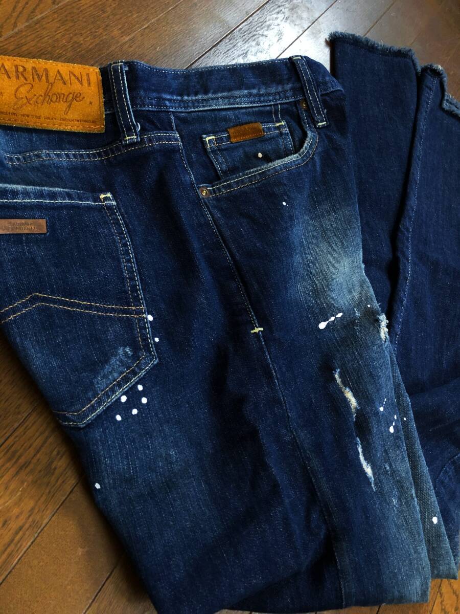 ●W80 高級スリム ARMANI EXCHANGE アルマーニ エクスチェンジ 濃紺 ダメージ デニムパンツ 即決 即納 エンポリオ EA7 ジョルジオ●1682_画像10