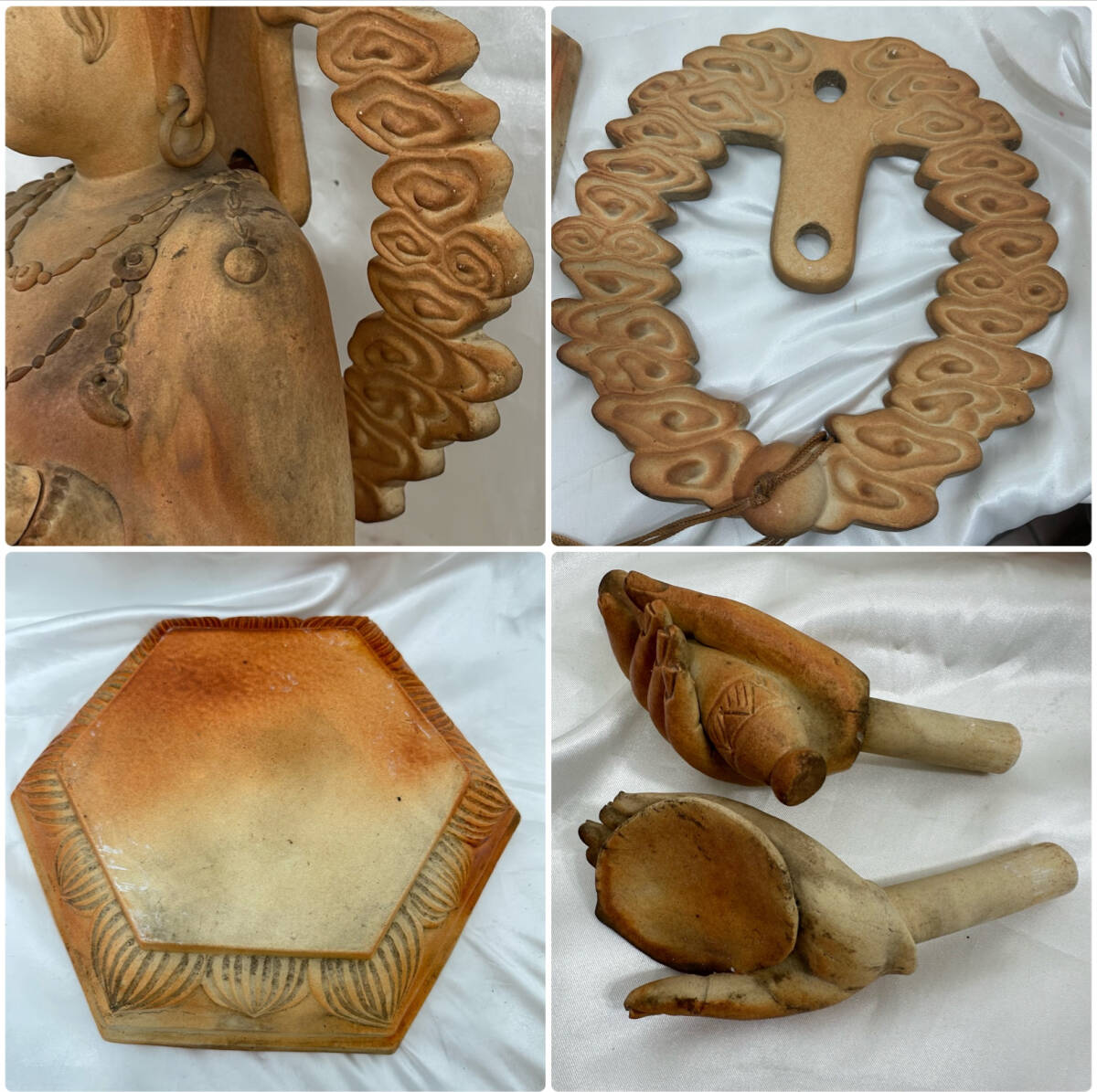 仏教美術 素焼き 観音菩薩 立位菩薩 高さ約85cm 台座パーツ 腕パーツ 頭光パーツ 宝冠パーツ 仏教工芸品 観音様 観音菩薩像 【H1986】_画像10