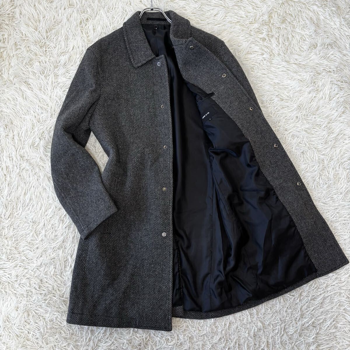未使用保管品◎コムサイズム『圧倒的高級感』COMME CA ISM ステンカラーコート ロング チャコールグレー ヘリンボーン 秋冬 48位 L_画像1