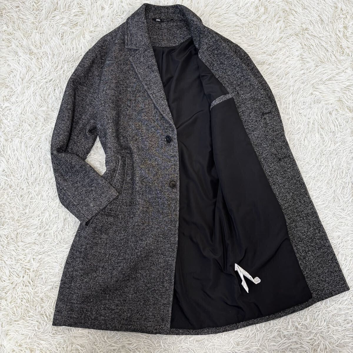 未使用級◎L位◎ザラ『圧倒的高級感』ZARA チェスターコート ロング丈 ヘリンボーン チャコールグレー 秋冬 ツイード 48相当 ラムウール_画像1