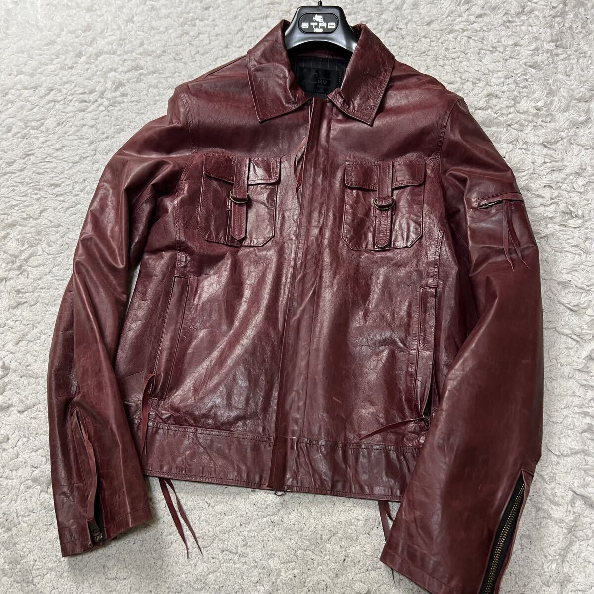 【美品】JACK ROSE ジャックローズ レザージャケット 希少ワインレッドカラー カーフレザー 牛革 光沢感 ウエスタン Mサイズ_画像2