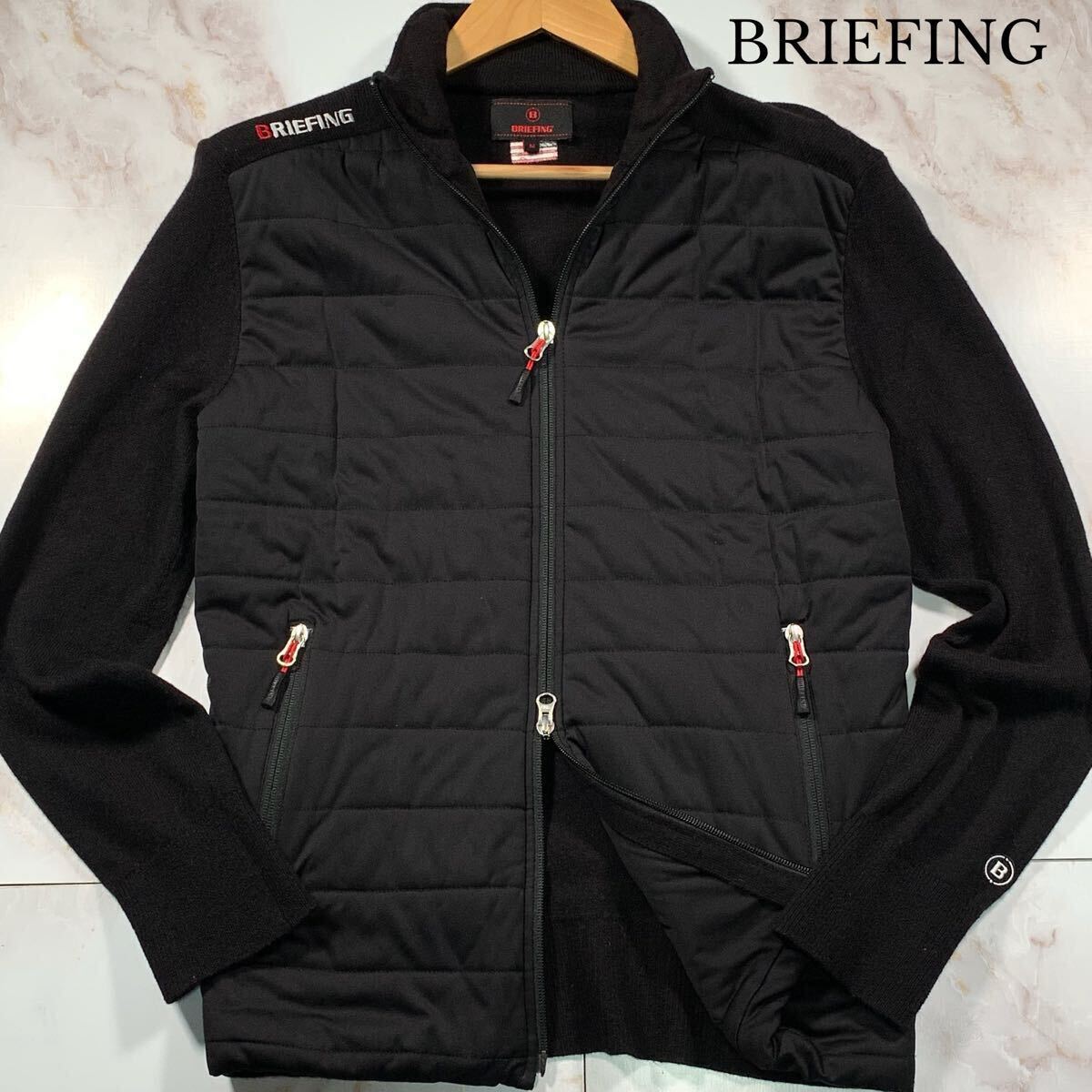 美品/L相当●BRIEFING ブリーフィング WIND BLOCK FZ KNIT アンゴラブレンド コンビ ニットジャケット 異素材切替 ハイネック ロゴ 刺繍_画像1