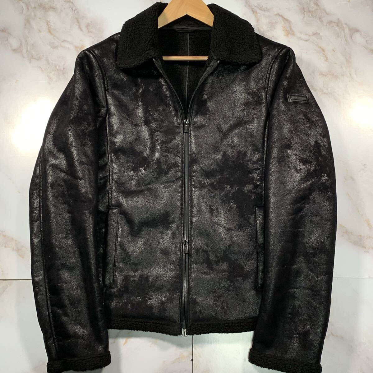 XL相当●ARMANI EXCHANGE アルマーニエクスチェンジ ムートン ジャケット L Ｗジップ 裏地ボア ライダース ロゴプレート ブラック 黒 _画像2