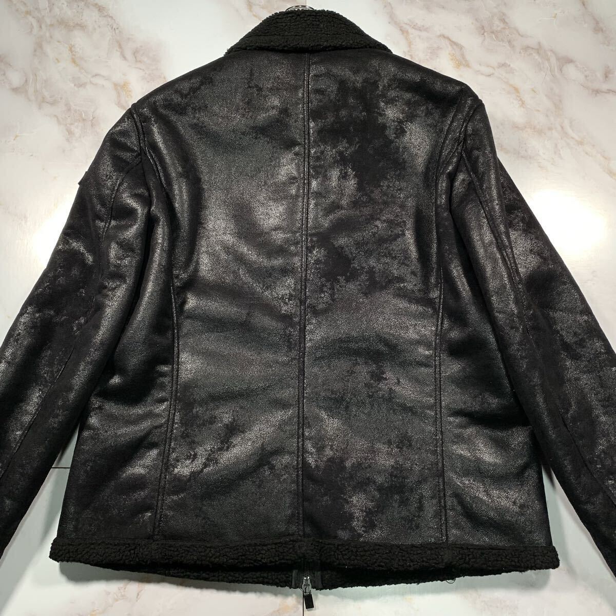 XL相当●ARMANI EXCHANGE アルマーニエクスチェンジ ムートン ジャケット L Ｗジップ 裏地ボア ライダース ロゴプレート ブラック 黒 _画像3