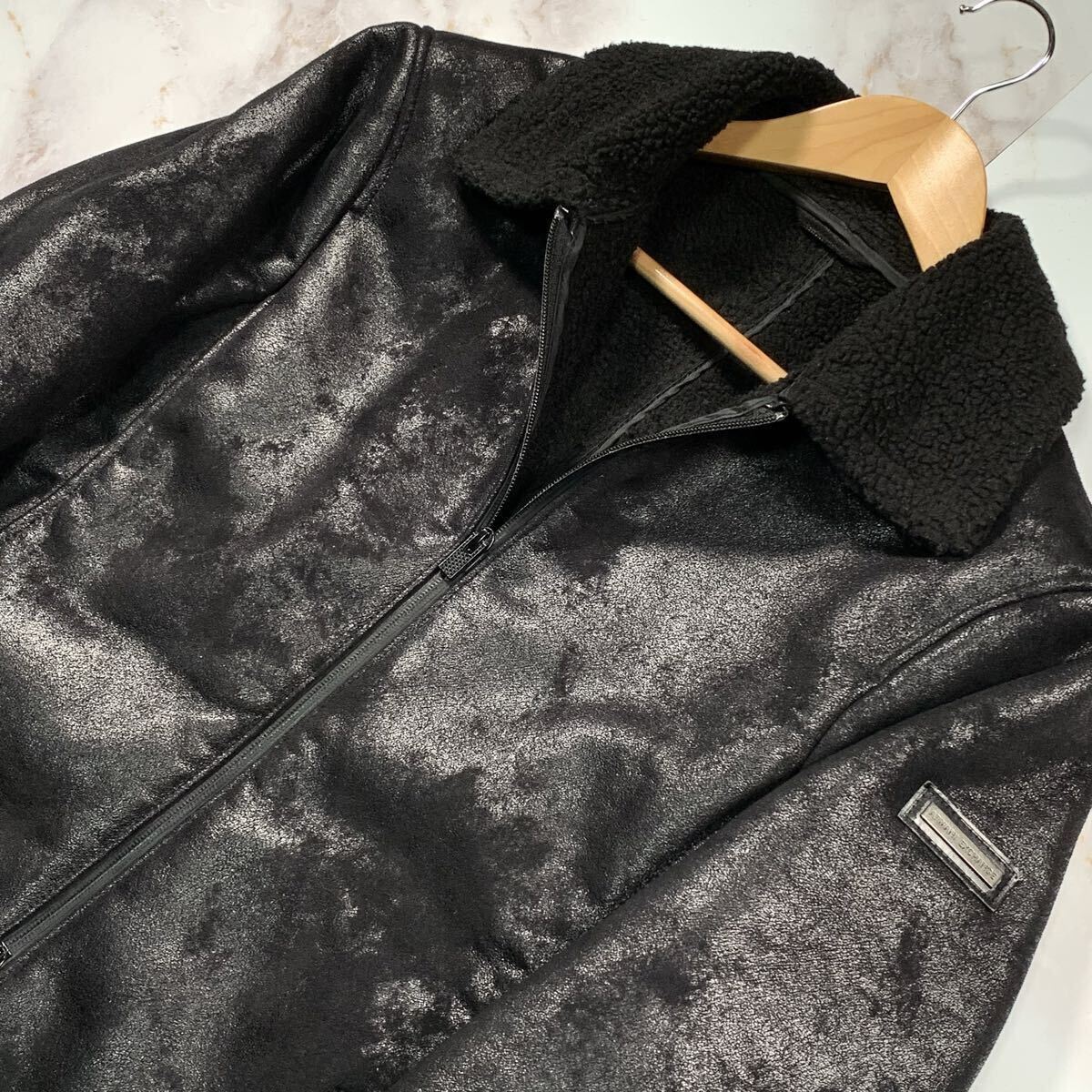 XL相当●ARMANI EXCHANGE アルマーニエクスチェンジ ムートン ジャケット L Ｗジップ 裏地ボア ライダース ロゴプレート ブラック 黒 _画像5