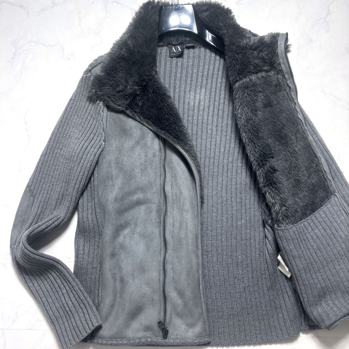 美品/L相当 ARMANI EXCHANGE ドライバーズニット●切替 ボア ムートン調 エルボーパッチ リブ ロゴ金具 メンズ アルマーニエクスチェンジ_画像1